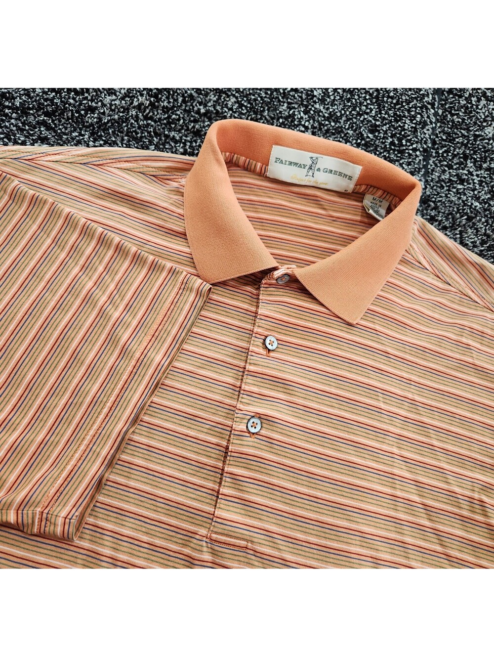 Fairway & Greene Polo Shirt Medium Orange Striped 100% Cotton Golf Logo Collared